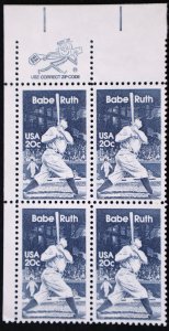 U.S. Mint Stamp Scott #2046 20c Babe Ruth Zip Block. Never Hinged. Choice!