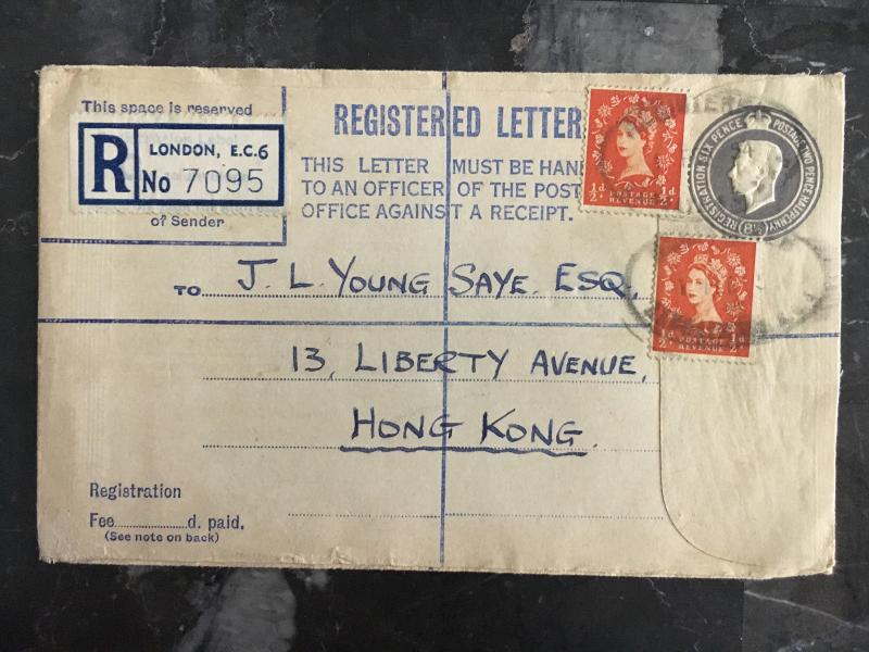 1953 London England Registered Uprated PS Envelope Cover to Hong Kong