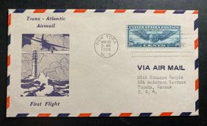 1939 New York USA First Flight Airmail Cover FFC To Topeka Trans Atlantic #C24