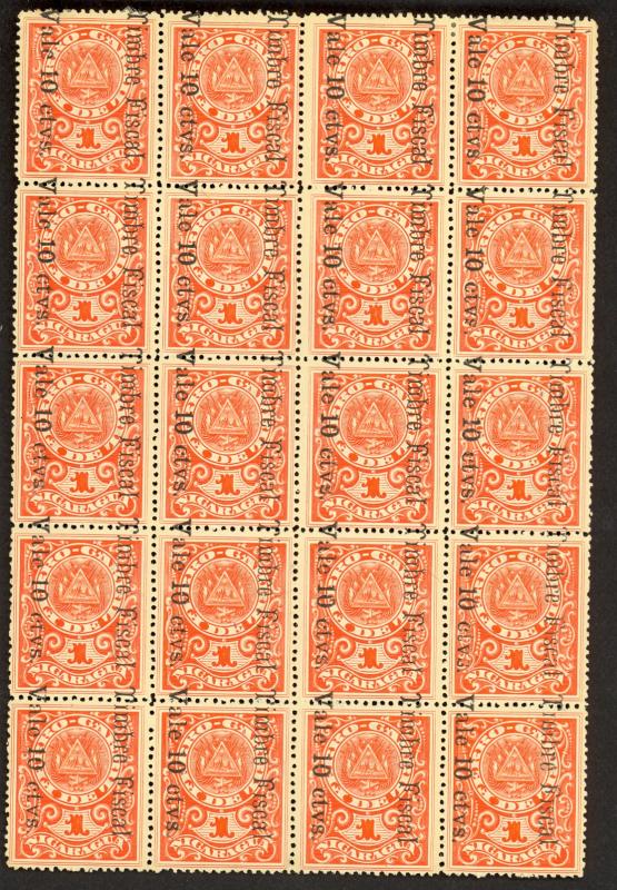 NICARAGUA 1911 15c on 10c on 1 Red Railroad Coupon Tax Complete Setting of 20