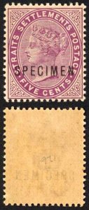 Straits Settlements SG100s 5c Magenta Opt Specimen M/M (creased)