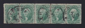 US 1857 33 10c Washington Type III Used Strip of 5 VF SCV $1000