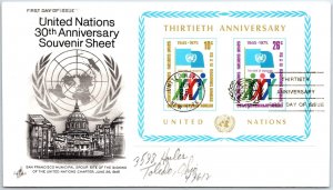 UN UNITED NATIONS CACHETED FIRST DAY COVER 30th ANNIVERSARY SOUVENIR SHEET #1