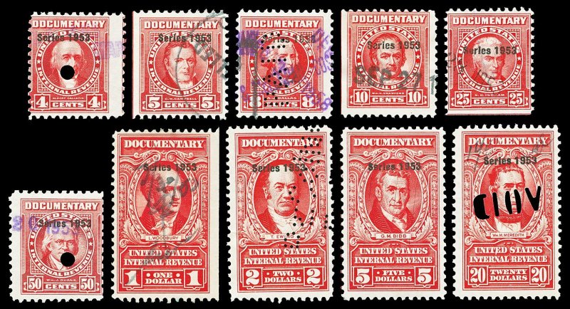 Scott R623//R644 1953 4c-$20.00 Dated Red Documentary Revenues Used F-VF