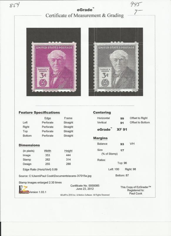 # 945 MINT NEVER HINGED THOMAS A. EDISON XF+