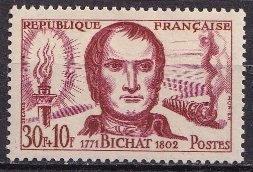 France B334 (mh) 30c+10c Xavier Bichat, anatomist, dk car rose (1959)