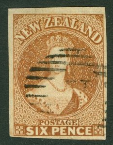 SG 15 New Zealand 1857-63. 6d chestnut, no watermark. Very fine used. 4 close...