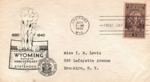 1940 - Wyoming 50th Statehood Anniv FDC - Typed - Single - Cachet - F279