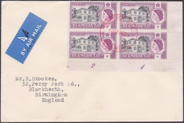 BERMUDA 1962 cover with 6d definitive plate block - Perot Post Office cds..x852