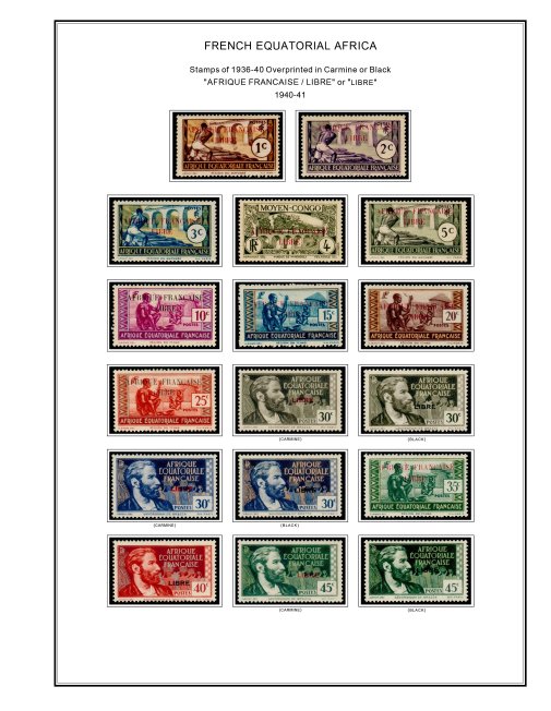 COLOR PRINTED FRENCH EQT. AFRICA 1936-1958 STAMP ALBUM PAGES (30 illustr. pages)