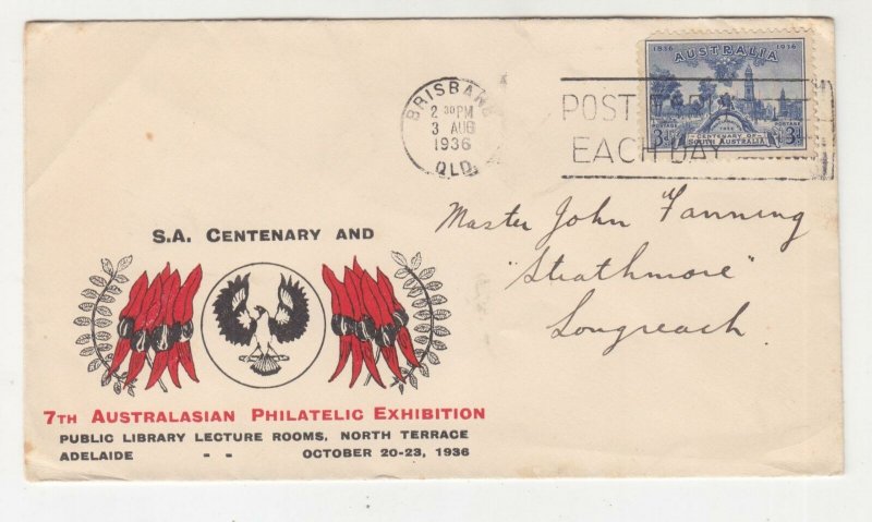 AUSTRALIA, 1936 South Australia Centenary, 3d. Blue, IIllustrated fdc. Brisbane.