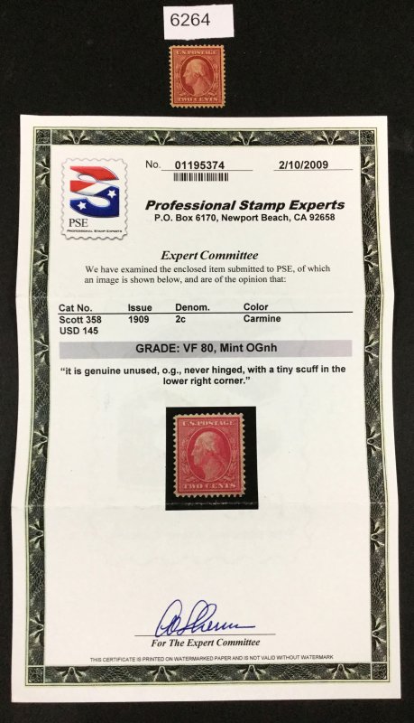 MOMEN: US STAMPS # 358 MINT OG NH **PSE GRADED VF-80 CERT** LOT #6264