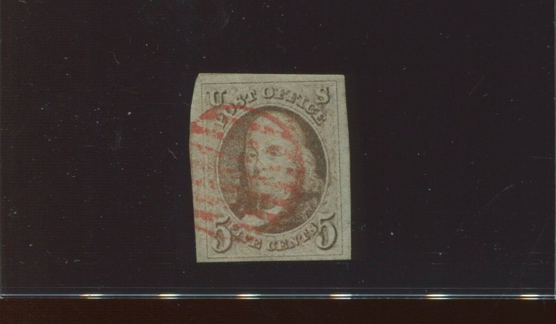 1 Franklin Imperf Used Stamp with Red Cancel with PF Cert (Stock 1 A31)