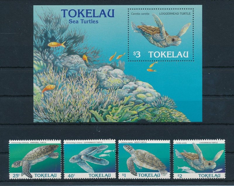 [112111] Tokelau 1995 Marine life sea turtles Green turtle with Souv. Sheet MNH