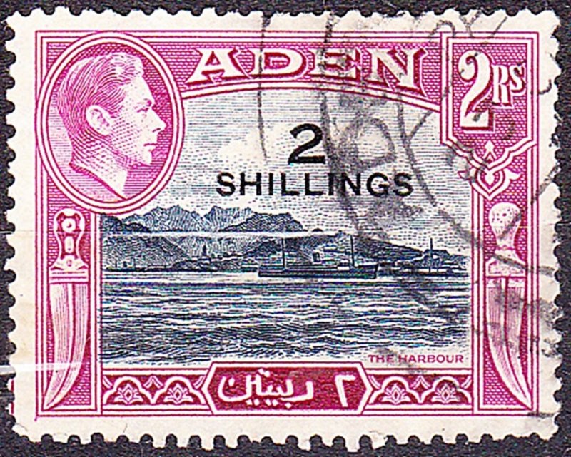 ADEN 1951 KGVI 2 Shilling on 2 Rupee Deep Blue & Magenta SG44 Used