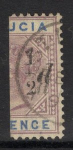 ST.LUCIA SG54e 1891 ½d on HALF 6d SHOWING THICK 1 WITH SLOPING SERIF VAR USED