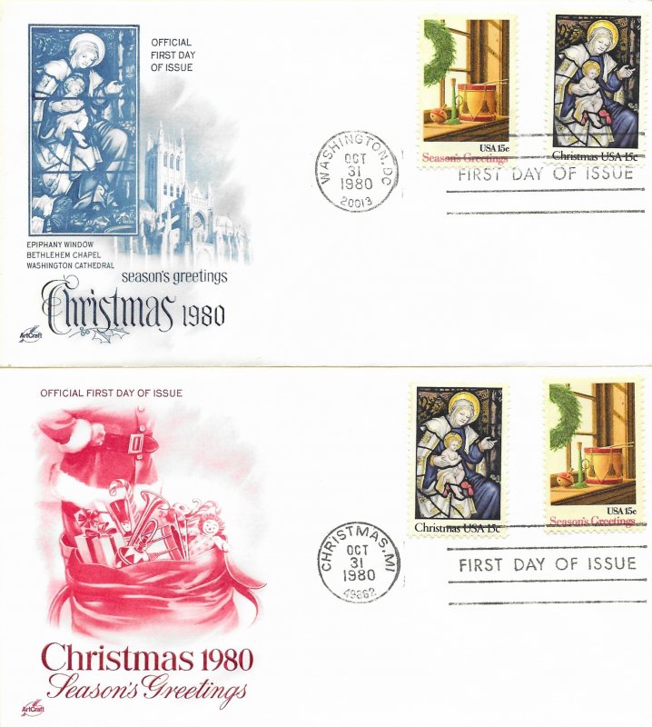 1980 FDC, #1842-1843, 15c Christmas, Art Craft (2)