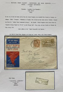 1933 Calcutta India First Flight Airmail Cover FFC To England  Imperial Airways