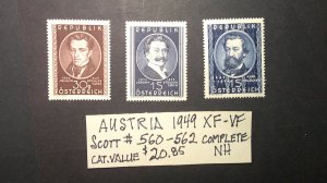 Austria 1949 Johann Strauss issue. Scott# 560-562 complete VF-XF MNH set of 3