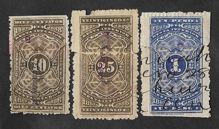 SD)1888 MEXICO  3 FISCAL STAMPS NUMERALS 10C, 25C & 1P, WITH HANDWRITTEN