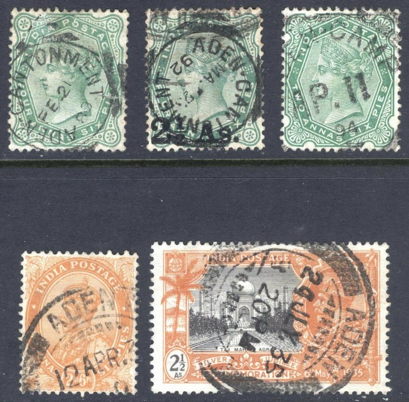 Aden 1883-1935 India QV & GV issues SG 97,102,103,199&244 Sc - FU Cat£-($-)