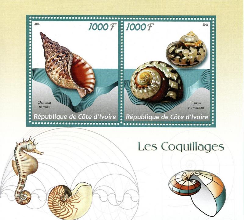 Ivory Coast 2016 MNH Seashells 2v M/S Seahorses Shells Marine Stamps