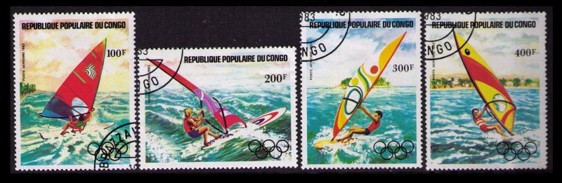 CONGO 1983 #C305-C308 CPL SET CTO PRE-OLYMPICS, WIND SURFING SCENES, CV $2.45