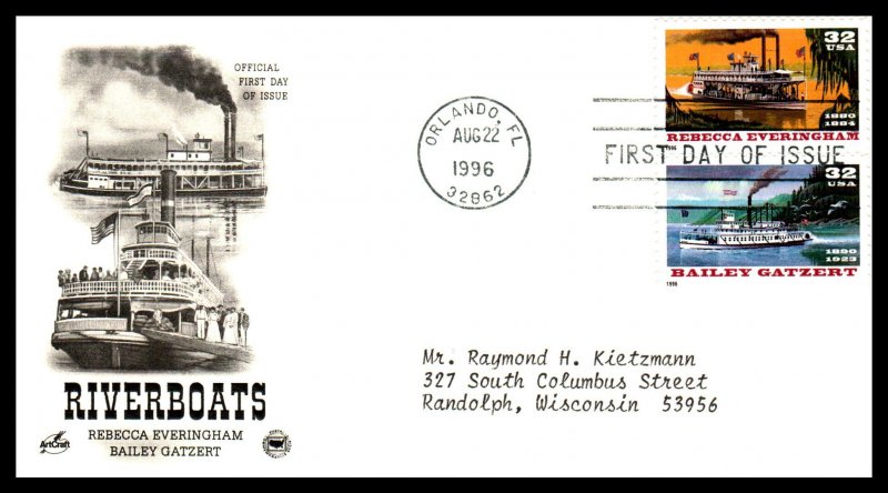 US 3091-3095 Riverboats PCS Artcraft Variety Set of Three Typed FDC