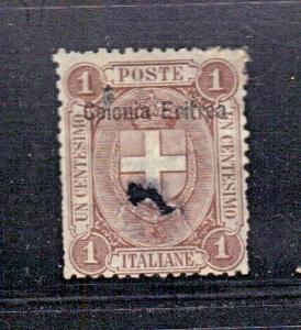 ROSS1374: ERITREA  SC# 12 **USED** 1c  1899  OVERPRINTED ITALY STAMP (DAMAGED)