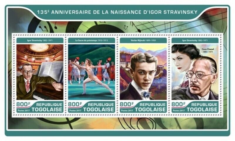 Togo - 2017 Composer Igor Stravinsky - 4 Stamp Sheet - TG17222a