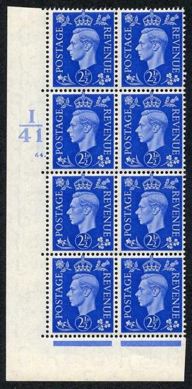 GB KGVI 2 1/2d Ultramarine Control I41 Cylinder 64 dot M/M