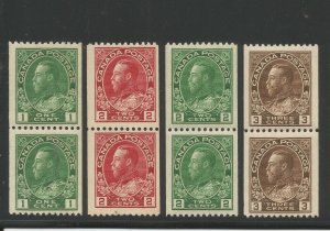 Canada # 131-134, Unused, Pairs, F/VF, OG, NH. Fresh set. CV $ 588.00