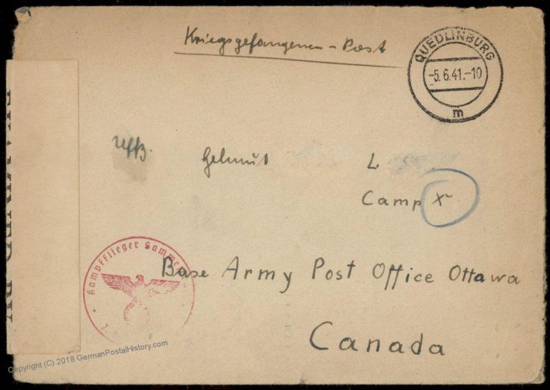 Germany WWII Kriegsgefangenen POW Ottawa Canada Cover Quedlinburg 80886