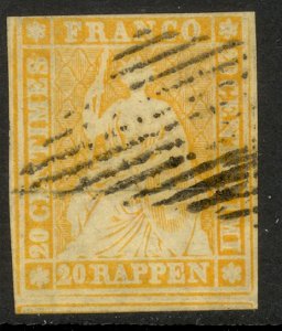 SWITZERLAND 1857 20r Pale Dull Orange Thin Paper SEATED HELVETIA Sc 34 Used