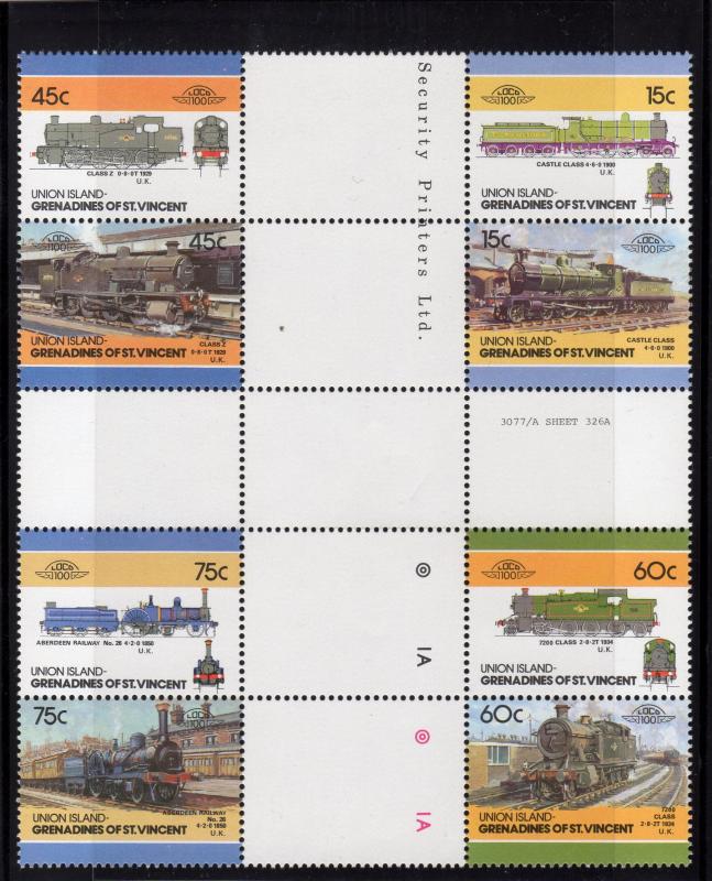 Union Islands 1986 LOCOMOTIVES (LOW) CROSS BLOCK PERFORATED MNH