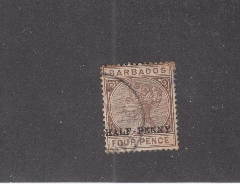 BARBADOS # 69 VF-HALF PENCE ON 4p LIGHT USED QUEEN VICTORIA