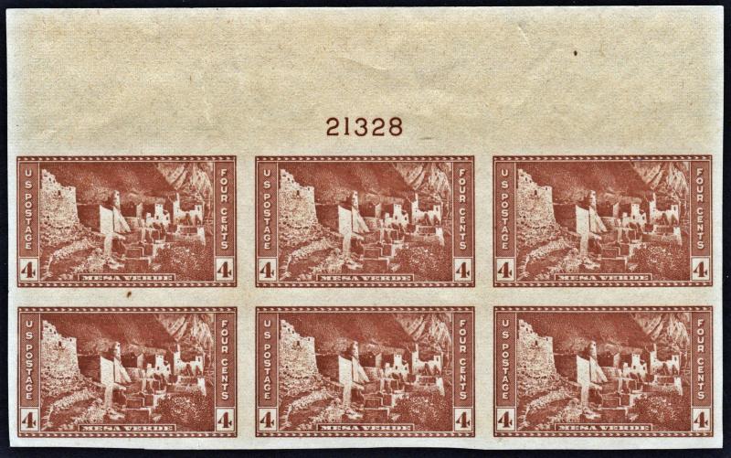 SC#759 4¢ National Parks: Mesa Verde Plate Block of Six: Top #21328 (1934) NGAI