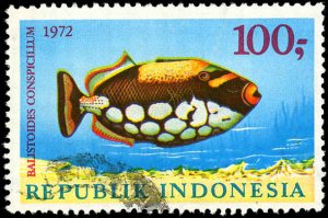 INDONESIA Sc 836 F-VF/USED - 1972 Spotted Triggerfish - Sound with Nice Color