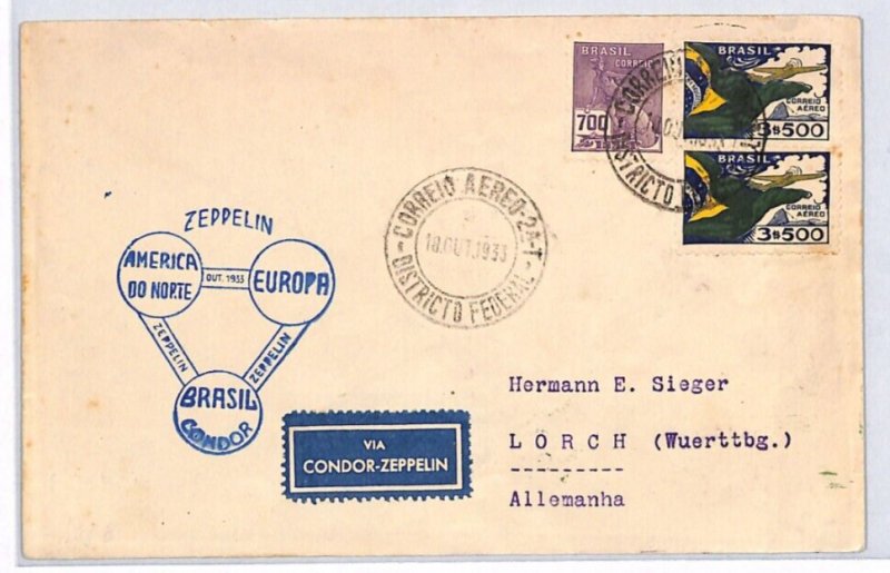 BRAZIL Cover Super ZEPPELIN FLIGHT CACHET Air Mail 1933 Sieger Germany YV175