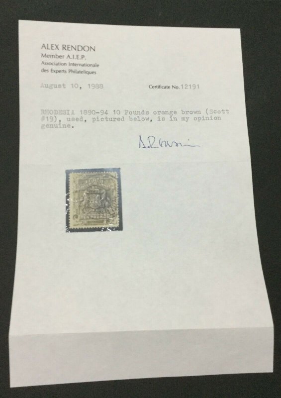 MOMEN: RHODESIA STAMPS SG #13 1892-4 USED **CERT** LOT #60055