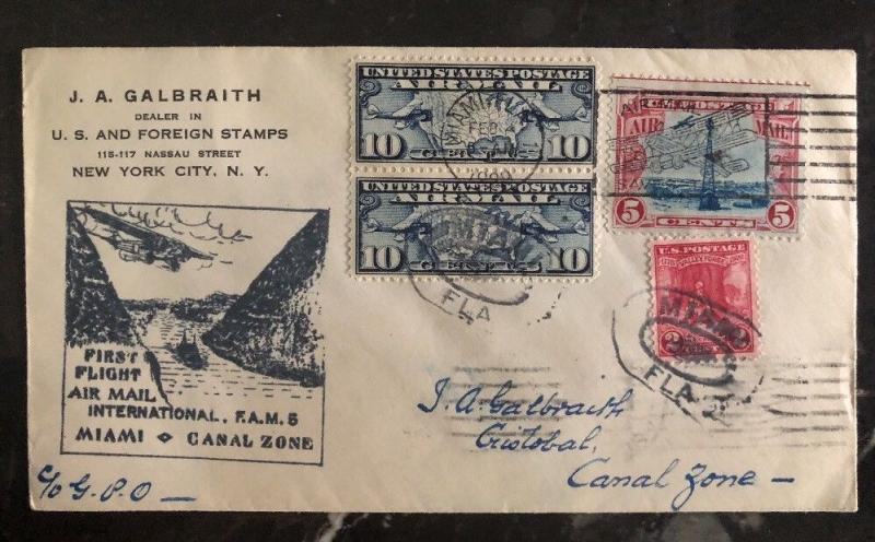 1929 New York USA First Flight Cover FFC To Cristobal Canal Zone Via Miami FAM 5