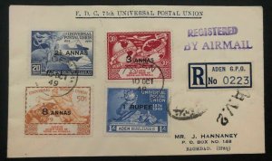 1949 Aden First Day Cover FDC To Bagdad Iraq 75th Universal Postal Union UPU