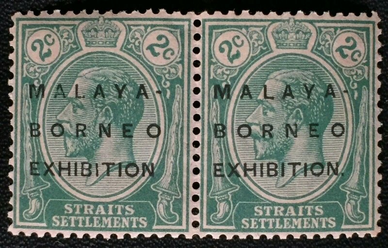 Malaya-Borneo Exhibition opt Straits Settlements KGV 2c pair MSCA MLH No Stop