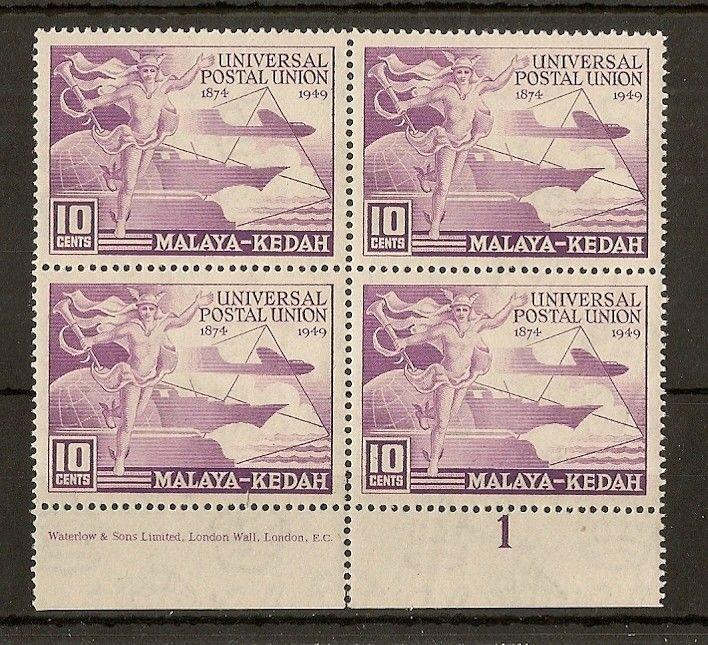 Kedah 1949 10c UPU MNH Block Plate 1