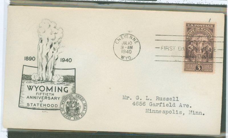 US 897 1940 50th anniv of Wyoming statehood on an addressed (typed) FDC with an APL  cachet