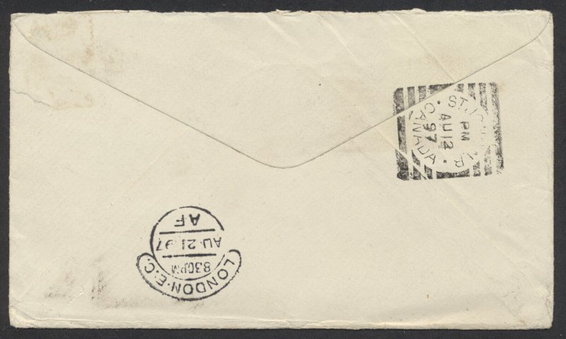 1897 #42 5c SQ Cover Summerside PEI to London St John NB Squared Circle on Back