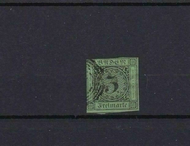 BADEN 1853 3k ON GREEN  IMPERF STAMP CAT £15   REF 6800