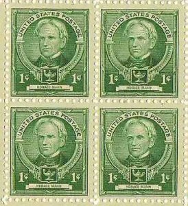 1940 Famous Americans Horace Mann Educator Blk of 4 1c Stamps, Sc#869, MNH, OG