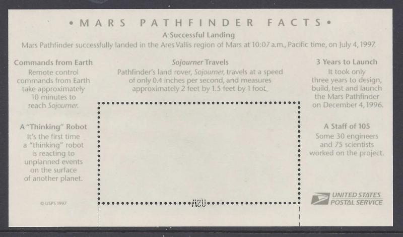 3178 Catalog # Mars Pathfinder Rover Sojourner NASA Space Souvenir Sheet $3.00