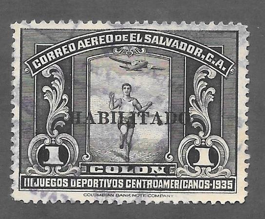 El Salvador Scott #C45 Used 1col O/P air mail stamp 2017 CV $6.00